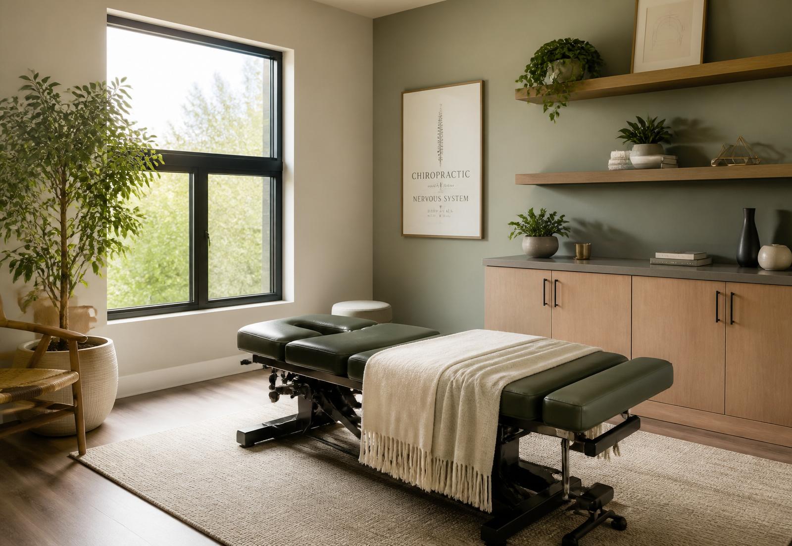 Warm, naturally lit chiropractic treatment room